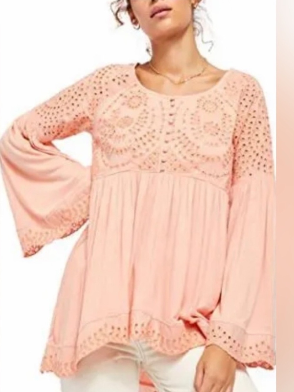 Free People Sea Of Love Tunic Embroidered Eyelet Sun Blush Boho Top